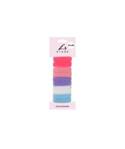 Soft elastic hair ties in hot pink, light pink, purple, white, and light blue coming in pack of 10