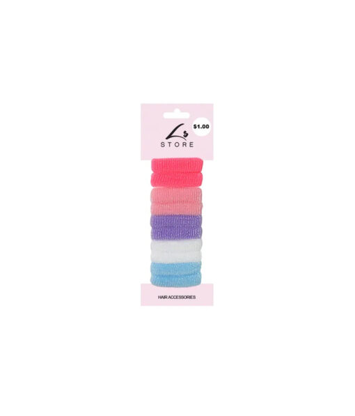 Soft elastic hair ties in hot pink, light pink, purple, white, and light blue coming in pack of 10