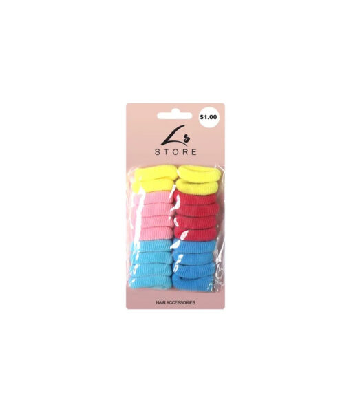 Elastic hair ties in yellow, light pink, red, light blue, and blue colour coming in pack of 20 pieces