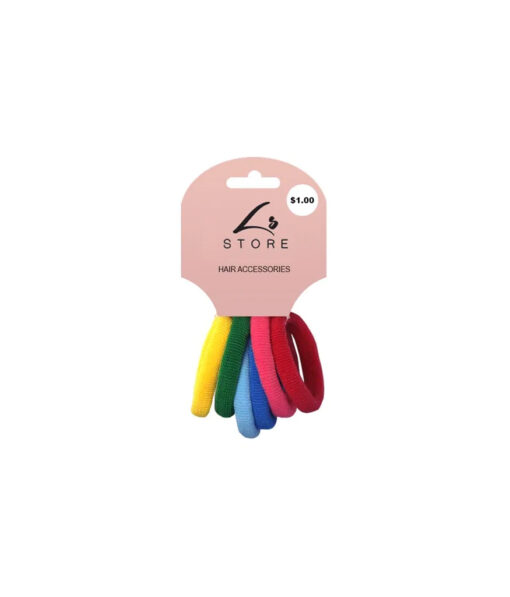 Large elastic hair ties in yellow, green, light blue, blue, pink, and red colour coming in pack of 6 pieces