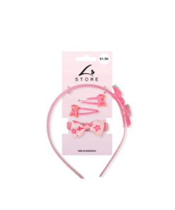 Pink hair accessories including hair claws with bears, hairband with flowers, and hair tie with bow and flowers coming in pack of 4 pieces