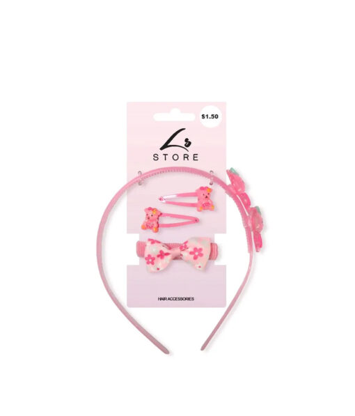 Pink hair accessories including hair claws with bears, hairband with flowers, and hair tie with bow and flowers coming in pack of 4 pieces