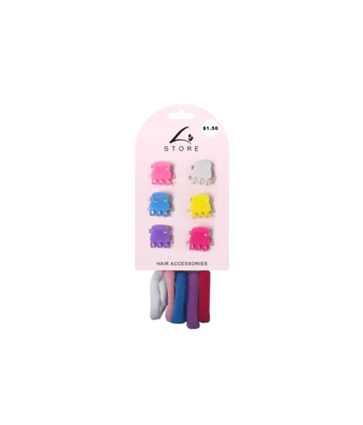 Mixed colour hair accessories including small hair clips and hair ties in pink, white, blue, yellow, purple, and hot pink colour coming in pack of 11 pieces