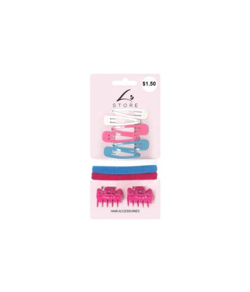 Mixed colour hair accessories including hair clips, hair claws, and hair ties in white, pink, and blue colours coming in pack of 10