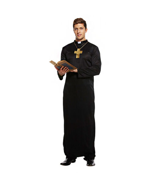 Vicar religious priest costume with golden cross and black one piece robe