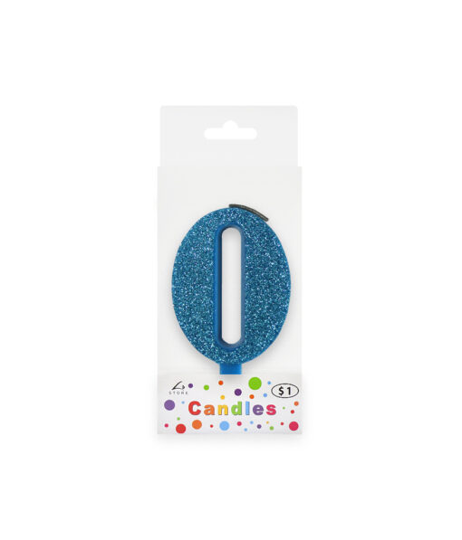 Glitter blue candle with number "0" design