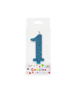 Glitter blue candle with number "1" design