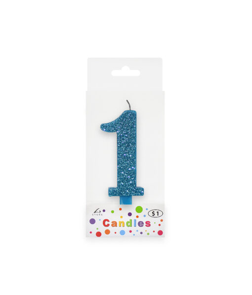 Glitter blue candle with number "1" design