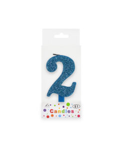 Glitter blue candle with number "2" design