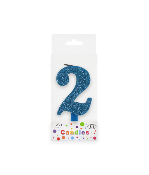 Glitter blue candle with number "2" design