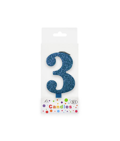 Glitter blue candle with number "3" design