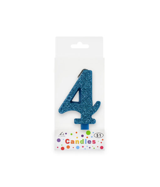 Glitter blue candle with number "4" design