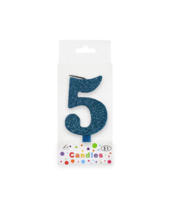 Glitter blue candle with number "5" design