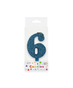 Glitter blue candle with number "6" design