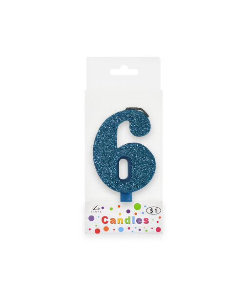 Glitter blue candle with number "6" design