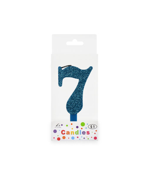 Glitter blue candle with number "7" design