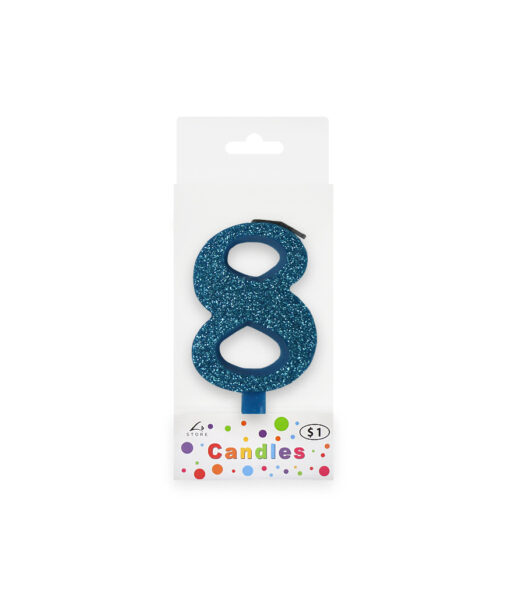 Glitter blue candle with number "8" design