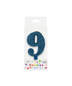 Glitter blue candle with number "9" design