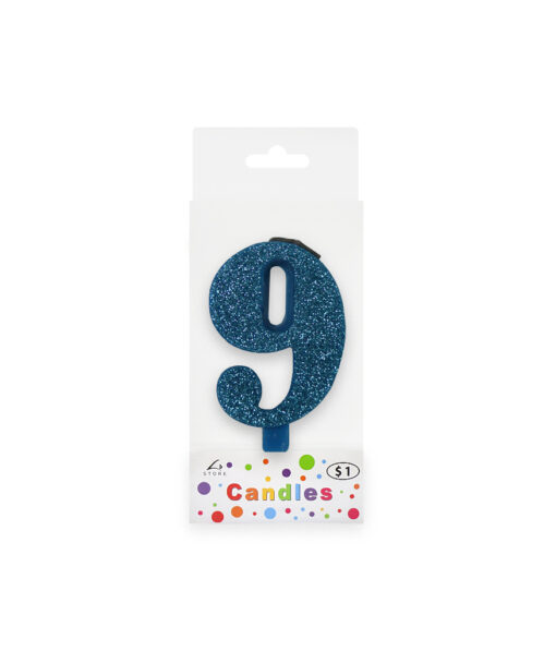 Glitter blue candle with number "9" design