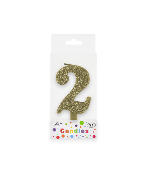 Glitter gold candle with number "2" design