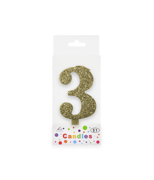 Glitter gold candle with number "3" design