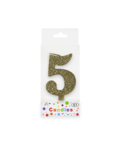 Glitter gold candle with number "5" design