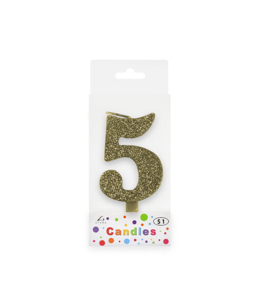 Glitter gold candle with number "5" design