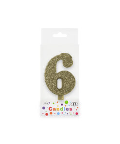 Glitter gold candle with number "6" design