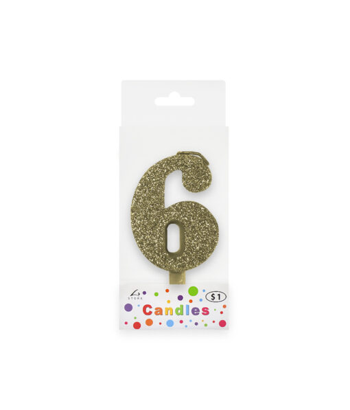 Glitter gold candle with number "6" design