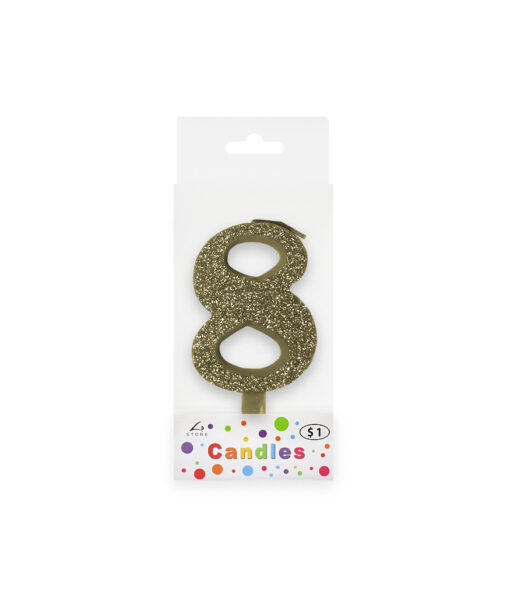 Glitter gold candle with number "8" design