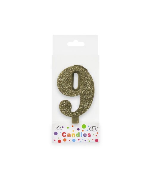 Glitter gold candle with number "9" design