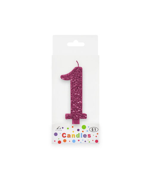 Glitter magenta candle with number "1" design