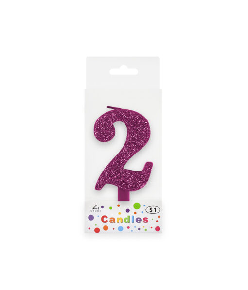 Glitter magenta candle with number "2" design