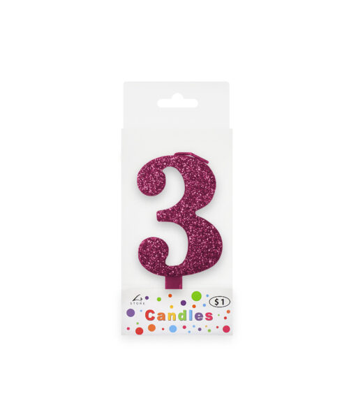 Glitter magenta candle with number "3" design