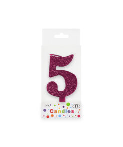 Glitter magenta candle with number "5" design