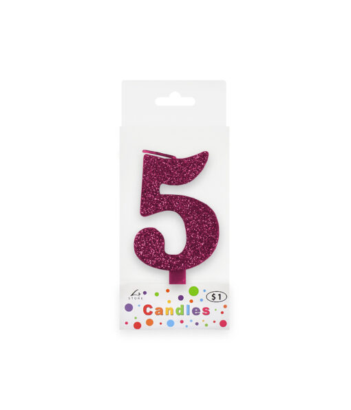 Glitter magenta candle with number "5" design