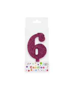 Glitter magenta candle with number "6" design