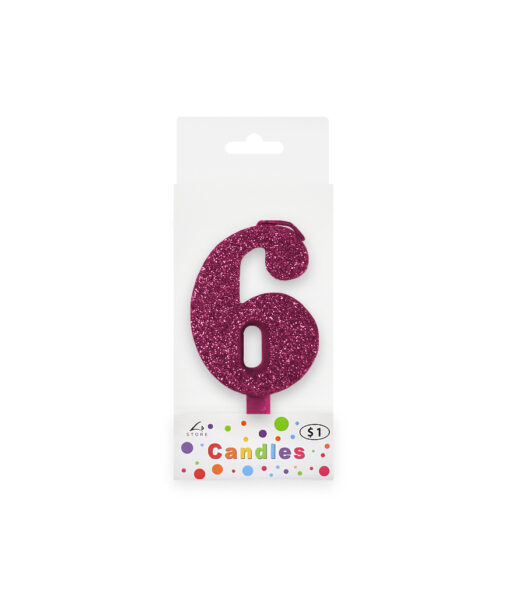 Glitter magenta candle with number "6" design