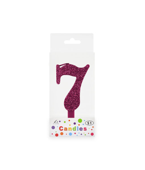 Glitter magenta candle with number "7" design