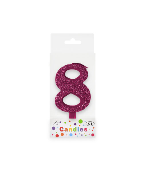 Glitter magenta candle with number "8" design