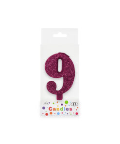 Glitter magenta candle with number "9" design