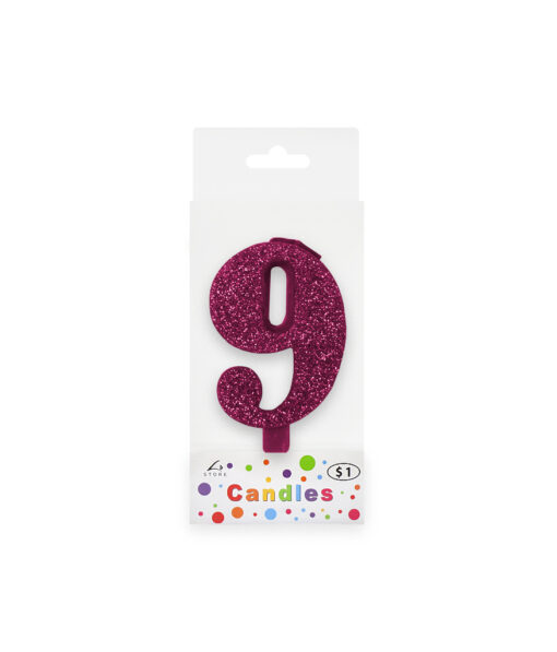 Glitter magenta candle with number "9" design