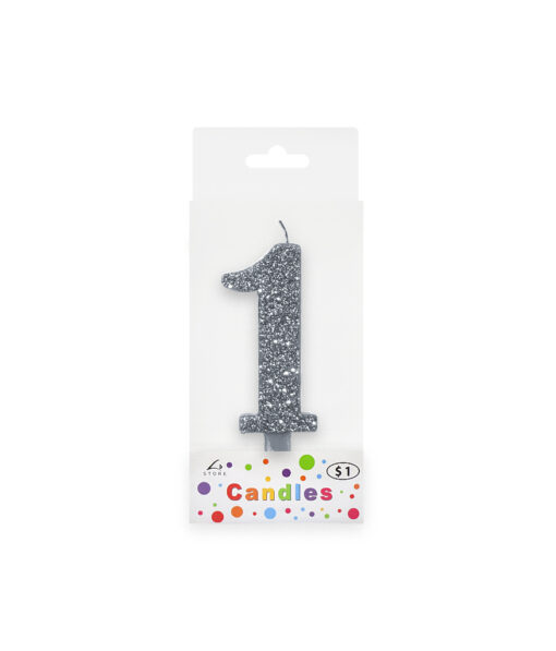 Glitter silver candle with number "1" design