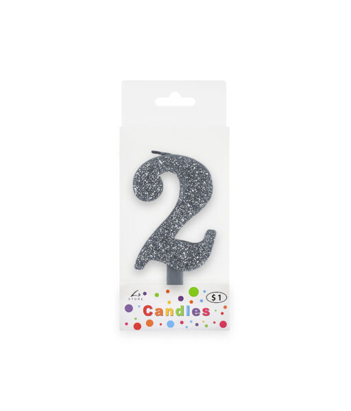 Glitter silver candle with number "2" design