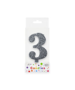 Glitter silver candle with number "3" design