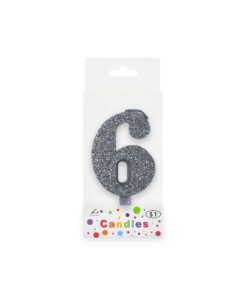 Glitter silver candle with number "6" design