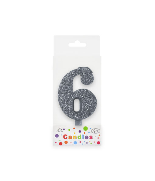 Glitter silver candle with number "6" design