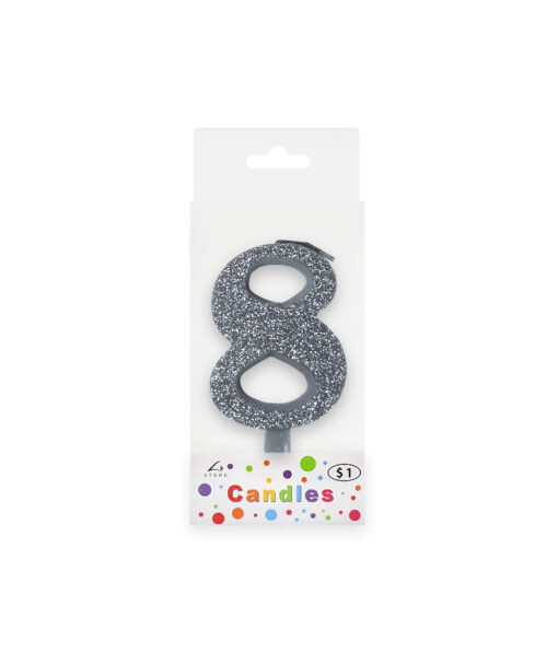 Glitter silver candle with number "8" design