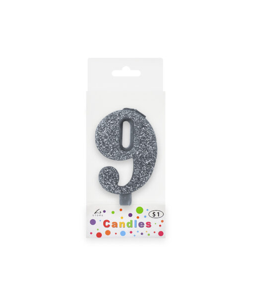 Glitter silver candle with number "9" design