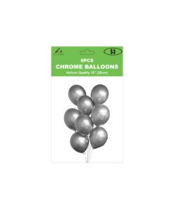 Plain metallic silver chrome latex balloons in pack of 8 and size of 30cm